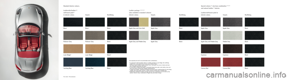 PORSCHE BOXSTER S 2011 2.G Information Manual 108109
Free style  |
 Personalisation
Leatherette/leather  1)/ 
soft-touch paint 
2)   
in interior colour. Special colours 
2), two-tone combination 2), 4), 5)
and natural leather 2) interior.
Leathe