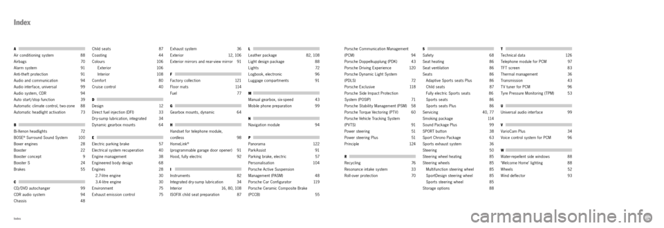 PORSCHE BOXSTER S 2011 2.G Information Manual Index
A
Air conditioning system  88
Airbags   70
Alarm system   91
Anti -thef t protection   91
Audio and communication  94
Audio interface, universal  99
Audio system, CDR  94
Auto start/stop functio