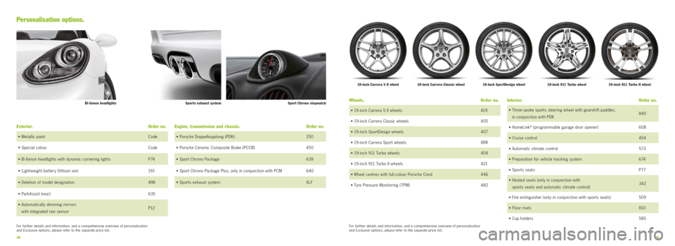 PORSCHE BOXSTER SPYDER 2010 2.G Information Manual 3839
For further details and information, and a comprehensive overview of personalisation 
and Exclusive options, please refer to the separate price list. 
Personalisation options. 
Exterior.  Order n