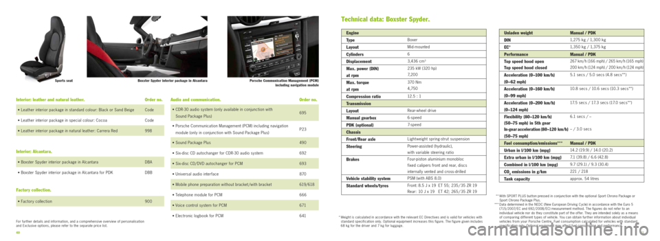 PORSCHE BOXSTER SPYDER 2010 2.G Information Manual 4041
Interior: leather and natural leather. Order no. 
• Leather interior package in standard colour: Black or Sand Beige Code
• Leather interior package in special colour: Cocoa Code
• Leather 