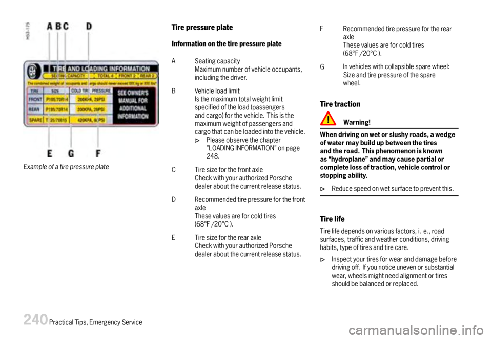 PORSCHE CAYMAN 2007 1.G Owners Manual Exampleofatirepressureplate
Tirepressureplate
Informationonthetirepressureplate
ASeatingcapacityMaximumnumberofvehicleoccupants,includingthedriver.
BVehicleloadlimitIsthemaximumtotalweightlimitspecifi PORSCHE CAYMAN 2007 1.G Owners Manual Exampleofatirepressureplate
Tirepressureplate
Informationonthetirepressureplate
ASeatingcapacityMaximumnumberofvehicleoccupants,includingthedriver.
BVehicleloadlimitIsthemaximumtotalweightlimitspecifi
