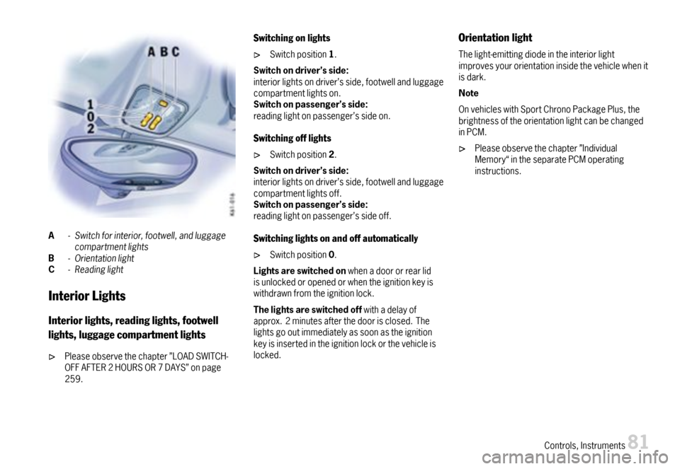 PORSCHE CAYMAN 2007 1.G Owners Manual A-Switchforinterior,footwell,andluggagecompartmentlightsB-OrientationlightC-Readinglight
InteriorLights
Interiorlights,readinglights,footwell
lights,luggagecompartmentlights
Pleaseobservethechapter”