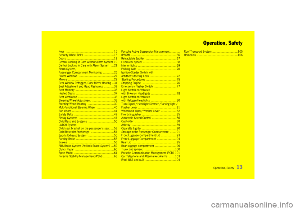 PORSCHE CAYMAN 2010 1.G User Guide Operation, Safety
13
Operation, Safety
Keys ................
......................... .................  15
Security Wheel Bolts  .................................... 15
Doors .......................