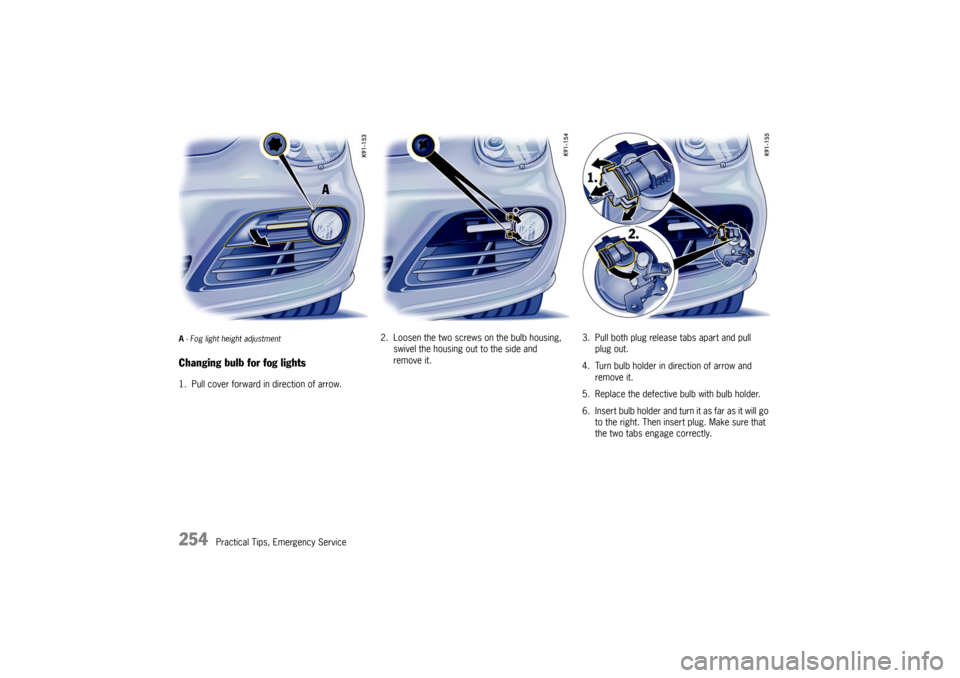 PORSCHE CAYMAN 2010 1.G Owners Manual 254
Practical Tips, Emergency Service
A- Fog light height adjustmentChanging bulb for fog lights1. Pull cover forward in direction of arrow. 2. Loosen the two screws on the bulb housing,
swivel the h PORSCHE CAYMAN 2010 1.G Owners Manual 254
Practical Tips, Emergency Service
A- Fog light height adjustmentChanging bulb for fog lights1. Pull cover forward in direction of arrow. 2. Loosen the two screws on the bulb housing,
swivel the h