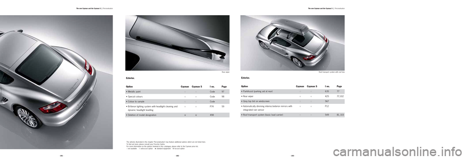 PORSCHE CAYMAN 2006 1.G Information Manual · 103 · · 102 · · 101 ·The new Cayman and the Cayman S  |
PersonalisationThe new Cayman and the Cayman S  |Personalisation
Exterior.
Option Cayman Cayman S I no. Page
• Metallic paint• •�