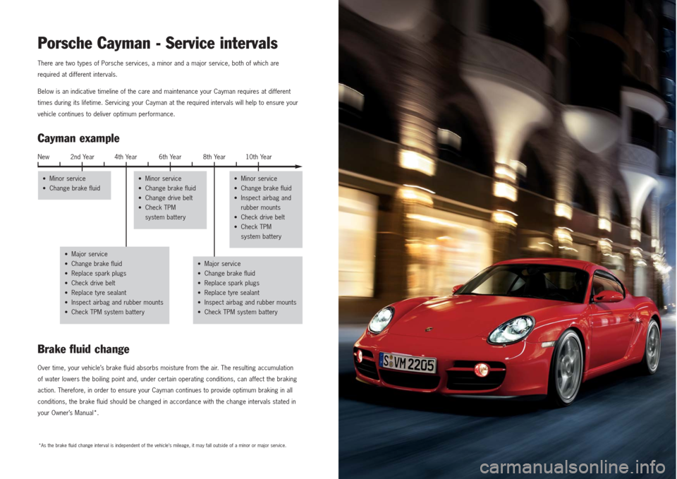 PORSCHE CAYMAN 2007 1.G Maintenance Information Manual Porsche Cayman - Service intervals There are two types of Porsche services, a minor and a major service, both of which are
required at different intervals.
Below is an indicative timeline of the care 