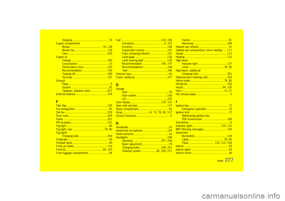 PORSCHE CAYMAN 2009 1.G Owners Manual                                    Index  
277
Stopping .............................................. 76
Engine compartment Blower ....................... .................. 76, 128
Blower fan ......