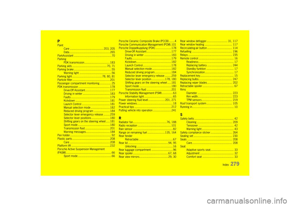 PORSCHE CAYMAN 2009 1.G Owners Manual                                    Index  
279
PPaintCare .......................... ................ 203, 205
Data............... ......................... ........... 265
ParkAssistant .............