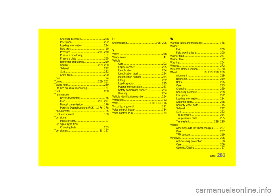 PORSCHE CAYMAN 2009 1.G Owners Manual                                   Index  
281
Checking pressure .............................. 228
Inscription .......................................... 222
Loading information ......................