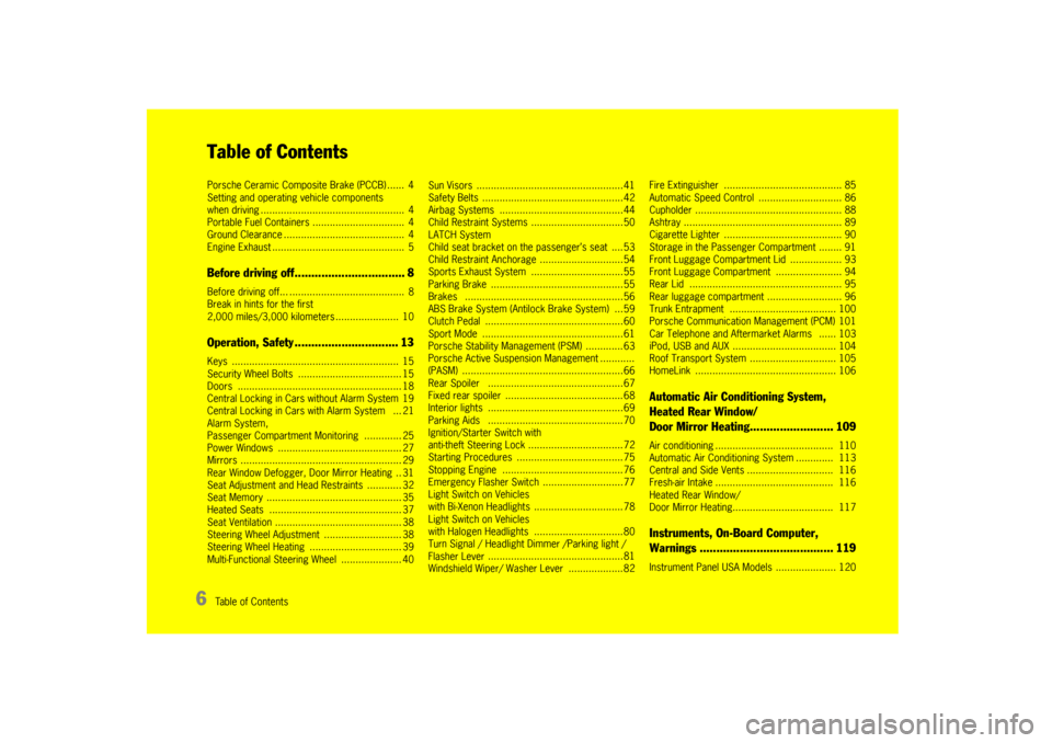 PORSCHE CAYMAN 2009 1.G Owners Manual 6
Table of ContentsTable of ContentsPorsche Ceramic Composite Brake (PCCB) ......  4
Setting and operating vehicle components 
when driving ..................................................  4
Portab