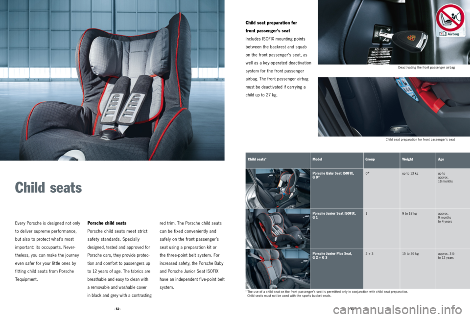 PORSCHE CAYMAN 2011 1.G Tequipment Manual · 52 ·· 53 ·
Deactivating the front passenger airbag
Child seat preparation for front passenger’s seat
red trim. The Porsche child seats
can be fixed conveniently and
safely on the front pass PORSCHE CAYMAN 2011 1.G Tequipment Manual · 52 ·· 53 ·
Deactivating the front passenger airbag
Child seat preparation for front passenger’s seat
red trim. The Porsche child seats
can be fixed conveniently and
safely on the front pass