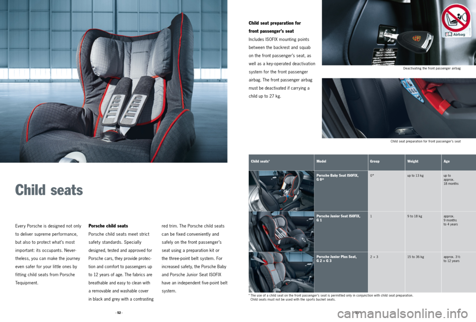 PORSCHE CAYMAN 2011 1.G Tequipment Manual · 52 ·· 53 ·
Deactivating the front passenger airbag
Child seat preparation for front passenger’s seat
red trim. The Porsche child seats 
can be fixed conveniently and 
 safely on the front pass