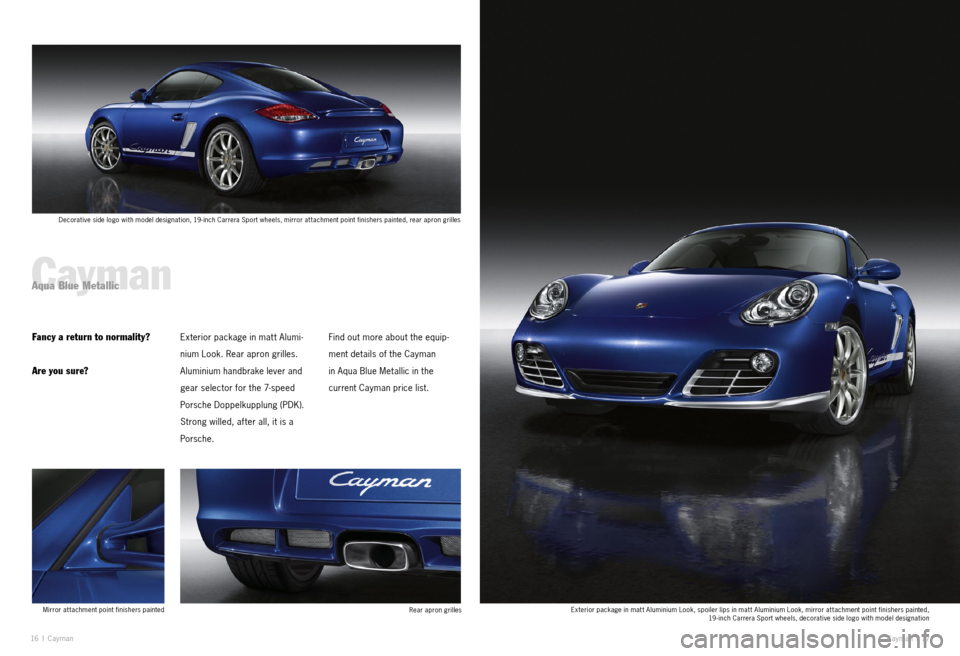 PORSCHE CAYMAN EXCLUSIVE 2010 1.G Information Manual 16 I Cayman Cayman I 17
Exterior package in mat t Aluminium Look, spoiler lips in mat t Aluminium Look, mirror at tachment point finishers painted,   
19 - inch Carrera Sport wheels, decorative side l