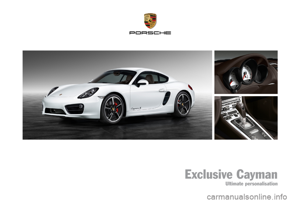 PORSCHE CAYMAN EXCLUSIVE 2014 2.G Information Manual Exclusive Cayman • Ultimate personalisation
Exclusive Cayman
Ultimate personalisation
WSL91601000220 EN/ WW PORSCHE CAYMAN EXCLUSIVE 2014 2.G Information Manual Exclusive Cayman • Ultimate personalisation
Exclusive Cayman
Ultimate personalisation
WSL91601000220 EN/ WW