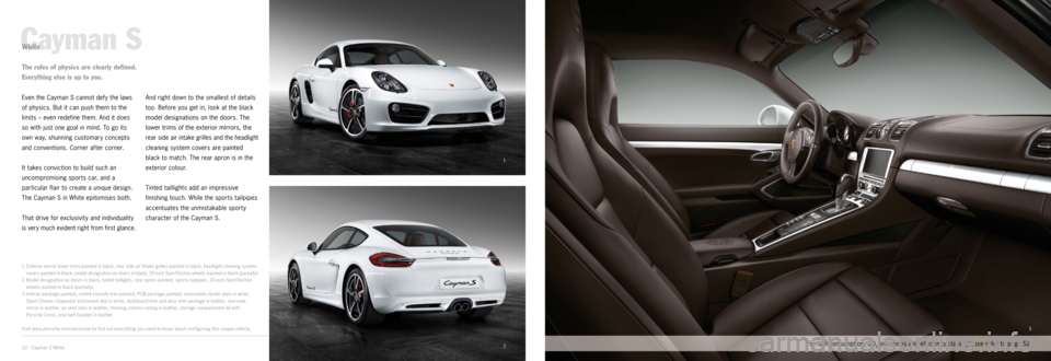 PORSCHE CAYMAN EXCLUSIVE 2014 2.G Information Manual 1
23
Cayman S
1
Exterior mirror lower trims painted in black, rear side air intake grilles painted in black, headlight cleaning system covers painted in black, model designation on doors in black, PORSCHE CAYMAN EXCLUSIVE 2014 2.G Information Manual 1
23
Cayman S
1
Exterior mirror lower trims painted in black, rear side air intake grilles painted in black, headlight cleaning system covers painted in black, model designation on doors in black,