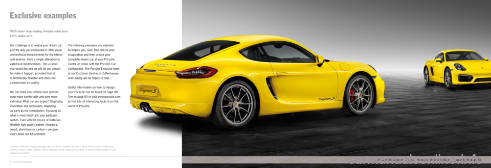 PORSCHE CAYMAN EXCLUSIVE 2014 2.G Information Manual Exclusive examples
Cayman S with Spor tDesign package, rear side air intake grilles painted in black, exterior mirror lower trims 
painted in black, tinted taillights, spor ts tailpipes, model design
