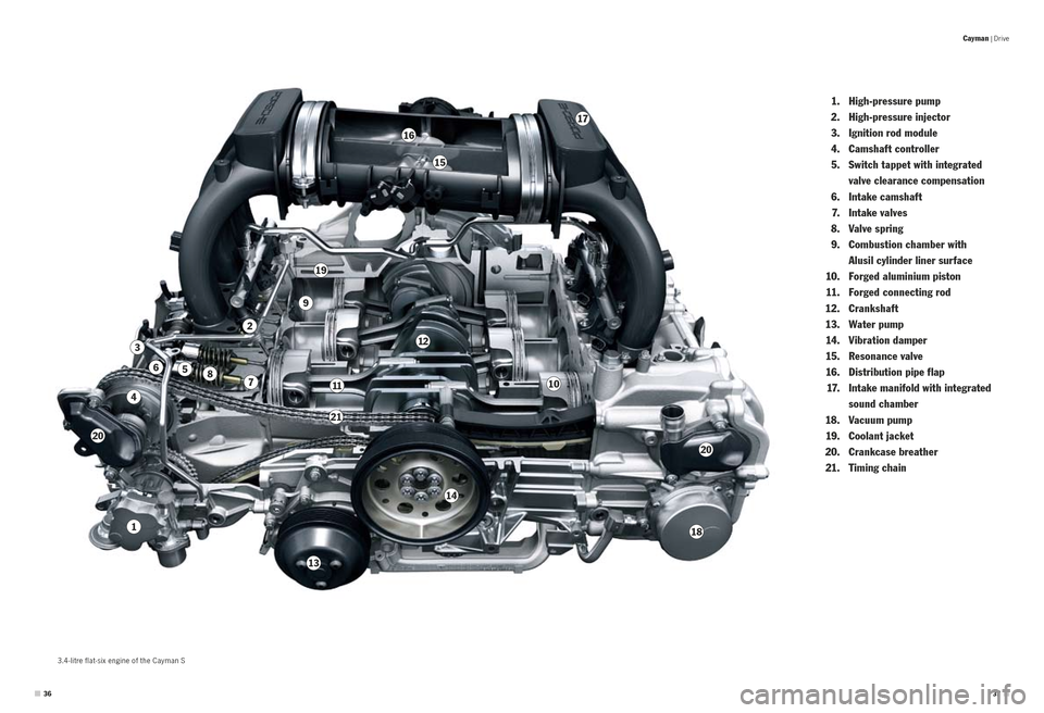 PORSCHE CAYMAN S 2010 1.G Information Manual 3.4 - litre flat-six engine of the Cayman S
 1.   High-pressure pump
  2.   High-pressure injector
  3.  Ignition rod module
  4.  Camshaft controller
  5.    Switch tappet with integrated   
valve cl