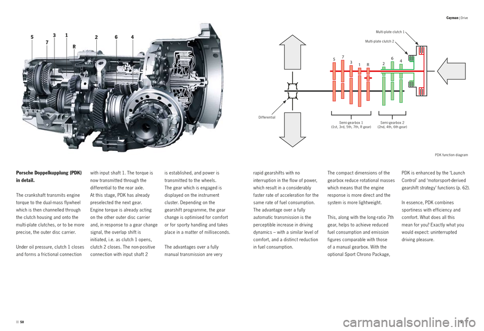 PORSCHE CAYMAN S 2010 1.G Information Manual Multi - plate clutch 1
Multi - plate clutch 2
Semi -gearbox 2 
(2nd, 4th, 6th gear)
Semi -gearbox 1 
(1st, 3rd, 5th, 7th, R gear)
Differential
 

 
    P DK function diagram
is established, and power 