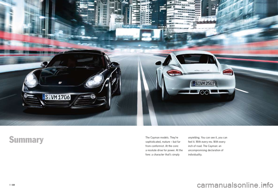 PORSCHE CAYMAN S 2010 1.G Information Manual Summary
The Cayman models. They’re
sophisticated, mature – but far
from conformist. At the core:
a resolute drive for power. At the
fore: a character that ’s simply unyielding. You can see PORSCHE CAYMAN S 2010 1.G Information Manual Summary
The Cayman models. They’re
sophisticated, mature – but far
from conformist. At the core:
a resolute drive for power. At the
fore: a character that ’s simply unyielding. You can see