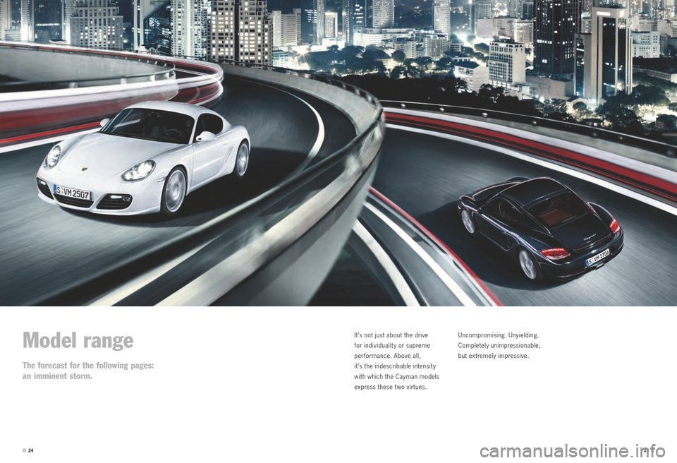 PORSCHE CAYMAN S 2011 1.G Information Manual 2425 
Model range
The forecast for the following pages:
an imminent storm.
It ’s not just about the drive  
for individualit y or supreme  
performance. Above all,  
it ’s the indescribable intens