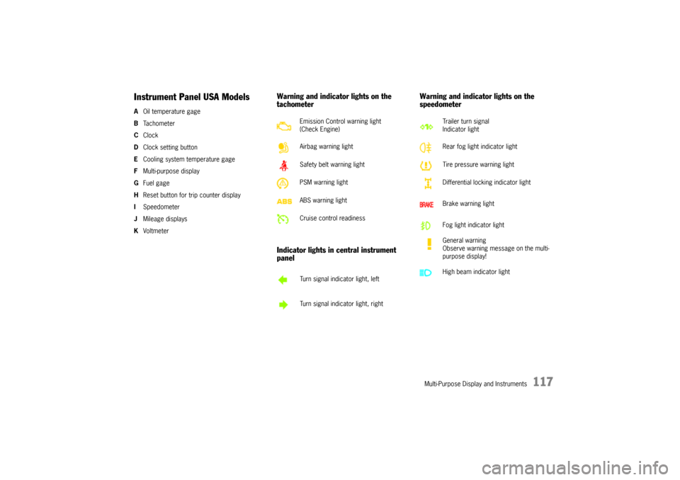 PORSCHE CAYNNE 2004 1.G Owners Manual Multi-Purpose Display and Instruments
117
Instrument Panel USA ModelsAOil temperature gage
BTa c h o m e t e r
CClock
DClock setting button
ECooling system temperature gage
FMulti-purpose display
GFue