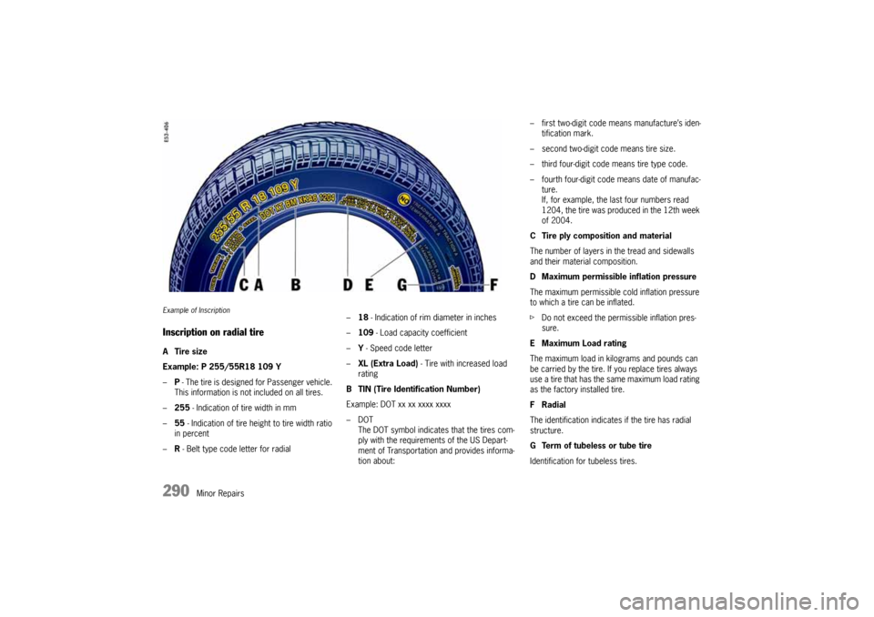 PORSCHE CAYNNE 2004 1.G Owners Manual 290
Minor Repairs
Example of InscriptionInscription on radial tireATire size
Example: P 255/55R18 109 Y
–P - The tire is designed for Passenger vehicle.
This information is not included on all tire PORSCHE CAYNNE 2004 1.G Owners Manual 290
Minor Repairs
Example of InscriptionInscription on radial tireATire size
Example: P 255/55R18 109 Y
–P - The tire is designed for Passenger vehicle.
This information is not included on all tire