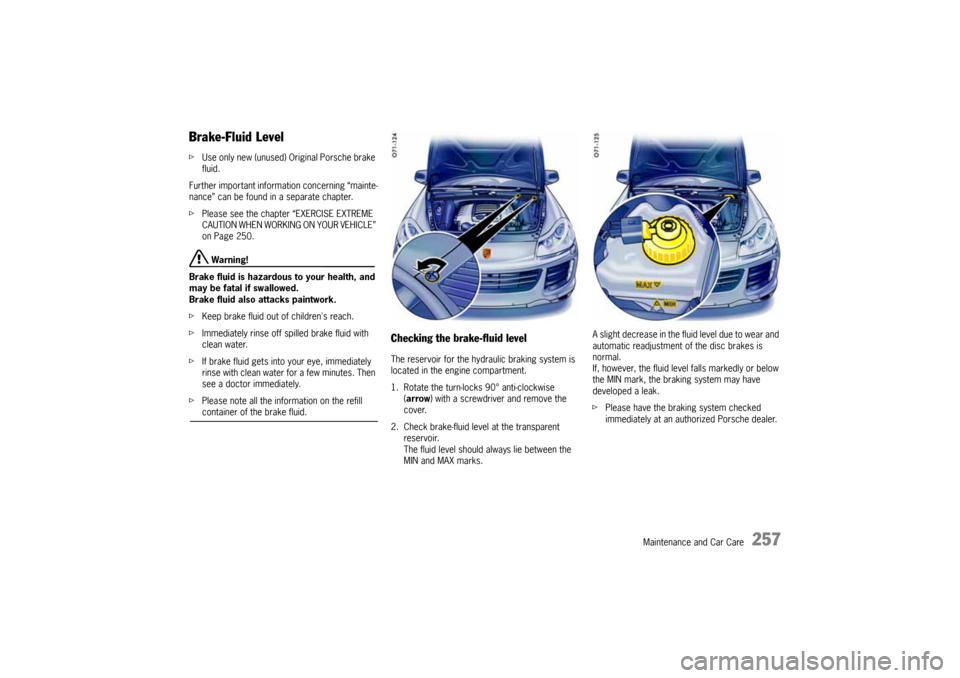 PORSCHE CAYNNE 2010 1.G Owners Manual Maintenance and Car Care
257
Brake-Fluid LevelfUse only new (unused) Original Porsche brake 
fluid.
Further important information concerning “mainte-
nance” can be found in a separate chapter.
fPl