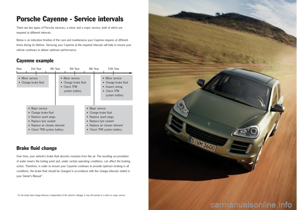 PORSCHE CAYNNE 2007 1.G Information Manual Porsche Cayenne - Service intervals There are two types of Porsche services, a minor and a major service, both of which are
required at different intervals.
Below is an indicative timeline of the care