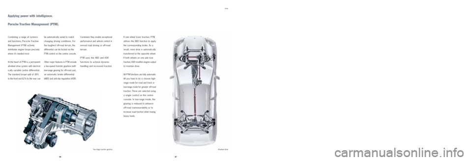 PORSCHE CAYNNE 2008 1.G Information Manual Drive
Applying power with intelligence.
Porsche Traction Management (PTM).
If one wheel loses traction, PTM
utilises the ABD function to apply
the corresponding brake. As a
result, more drive is PORSCHE CAYNNE 2008 1.G Information Manual Drive
Applying power with intelligence.
Porsche Traction Management (PTM).
If one wheel loses traction, PTM
utilises the ABD function to apply
the corresponding brake. As a
result, more drive is