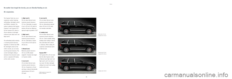 PORSCHE CAYNNE 2008 1.G Information Manual Chassis
No matter how tough the terrain, you are literally floating on air.
Air suspension.
High Level II: 271 mm
Cayenne GTS: 251 mm
Normal Level: 215 mm
Cayenne GTS: 195 mm
Loading Level: 161 mm
1. PORSCHE CAYNNE 2008 1.G Information Manual Chassis
No matter how tough the terrain, you are literally floating on air.
Air suspension.
High Level II: 271 mm
Cayenne GTS: 251 mm
Normal Level: 215 mm
Cayenne GTS: 195 mm
Loading Level: 161 mm
1.