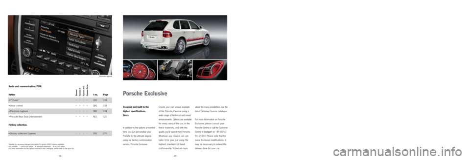 PORSCHE CAYNNE 2008 1.G Information Manual · 173 · · 172 ·
Porsche Exclusive
Designed and built to the
highest specifications.
Yours.
In addition to the options presented
here, you can personalise your
Porsche to the ultimate degree
usin PORSCHE CAYNNE 2008 1.G Information Manual · 173 · · 172 ·
Porsche Exclusive
Designed and built to the
highest specifications.
Yours.
In addition to the options presented
here, you can personalise your
Porsche to the ultimate degree
usin