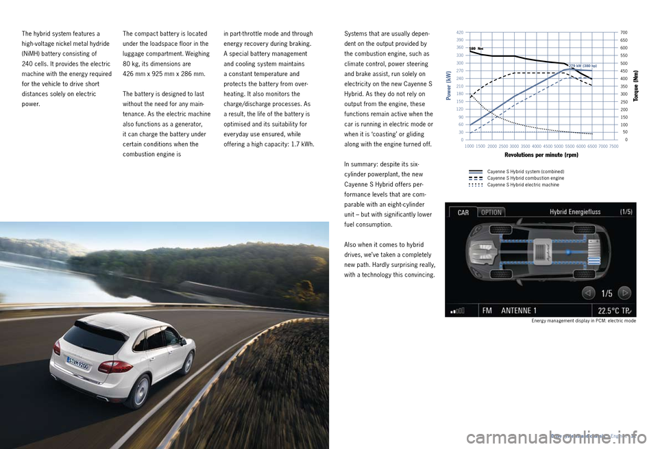 PORSCHE CAYNNE 2010 1.G Information Manual in partthrot tle mode and through
energy recovery during braking.
A special bat tery management
and cooling system maintains
a constant temperature and
pro
tects the bat ter y from over
h PORSCHE CAYNNE 2010 1.G Information Manual in partthrot tle mode and through
energy recovery during braking.
A special bat tery management
and cooling system maintains
a constant temperature and
pro
tects the bat ter y from over
h