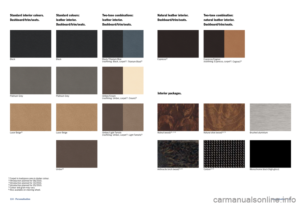 PORSCHE CAYNNE 2010 1.G Information Manual Espresso/Cognac  
(rooflining: Espresso, carpet1): Cognac)3)
Interior packages. 
Walnut (wood) 4), 5, 6)Natural olive (wood) 4), 5)Brushed aluminium
Anthracite birch (wood) 
5), 6)Carbon2), 6)Umber4)
