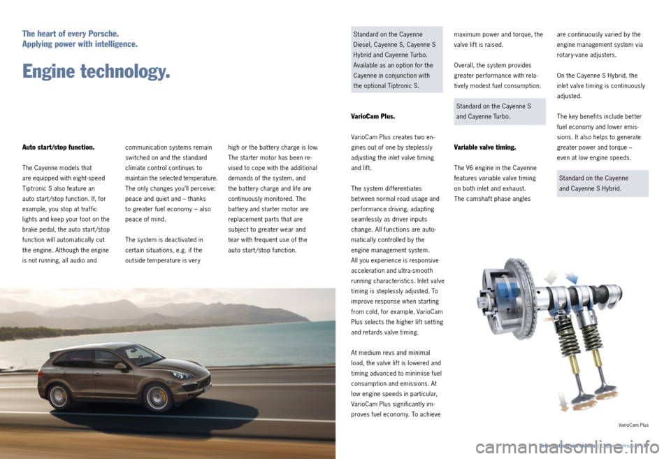 PORSCHE CAYNNE 2011 2.G Information Manual Standard on the Cayenne
Diesel, Cayenne S, Cayenne S
Hybrid and Cayenne Turbo.
Available as an option for the
Cayenne in conjunction with
the optional Tiptronic S.
VarioCam Plus.
VarioCam Plus c PORSCHE CAYNNE 2011 2.G Information Manual Standard on the Cayenne
Diesel, Cayenne S, Cayenne S
Hybrid and Cayenne Turbo.
Available as an option for the
Cayenne in conjunction with
the optional Tiptronic S.
VarioCam Plus.
VarioCam Plus c
