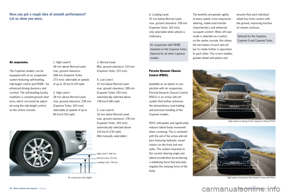 PORSCHE CAYNNE 2011 2.G Information Manual 3. Normal Level.
Max. ground clearance: 210 mm
(Cayenne Turbo: 215 mm).
4. Low Level I.
22 mm below Normal Level;
max. ground clearance: 188 mm
(Cayenne Turbo: 193 mm);
automatically selected PORSCHE CAYNNE 2011 2.G Information Manual 3. Normal Level.
Max. ground clearance: 210 mm
(Cayenne Turbo: 215 mm).
4. Low Level I.
22 mm below Normal Level;
max. ground clearance: 188 mm
(Cayenne Turbo: 193 mm);
automatically selected