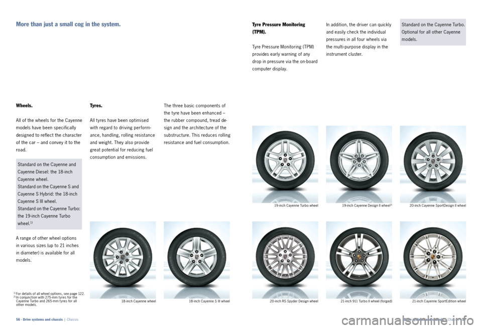 PORSCHE CAYNNE 2011 2.G Information Manual Ty r e s .
All t yres have been optimised
with regard to driving perform-
ance, handling, rolling resistance
and weight. They also provide
great potential for reducing fuel
consumption and emissio PORSCHE CAYNNE 2011 2.G Information Manual Ty r e s .
All t yres have been optimised
with regard to driving perform-
ance, handling, rolling resistance
and weight. They also provide
great potential for reducing fuel
consumption and emissio