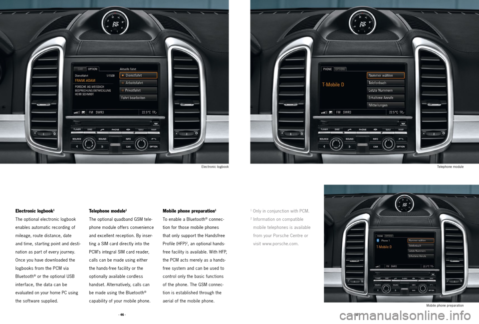 PORSCHE CAYNNE 2011 2.G Tequipment Manual · 47 ·
· 46 ·
Electronic logbook1
The optional electronic logbook
enables automatic recording of
mileage, route distance, date
and time, starting point and desti -
nation as part of every jou PORSCHE CAYNNE 2011 2.G Tequipment Manual · 47 ·
· 46 ·
Electronic logbook1
The optional electronic logbook
enables automatic recording of
mileage, route distance, date
and time, starting point and desti -
nation as part of every jou