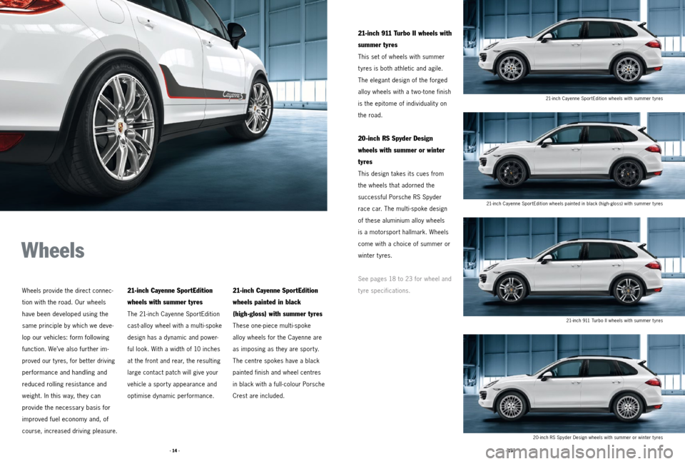 PORSCHE CAYNNE 2011 2.G Tequipment Manual · 15 ·
· 14 ·
Wheels
Wheels provide the direct connec -
tion with the road. Our wheels
have been developed using the
same principle by which we deve-
lop our vehicles: form following
function. Weâ PORSCHE CAYNNE 2011 2.G Tequipment Manual · 15 ·
· 14 ·
Wheels
Wheels provide the direct connec -
tion with the road. Our wheels
have been developed using the
same principle by which we deve-
lop our vehicles: form following
function. Weâ
