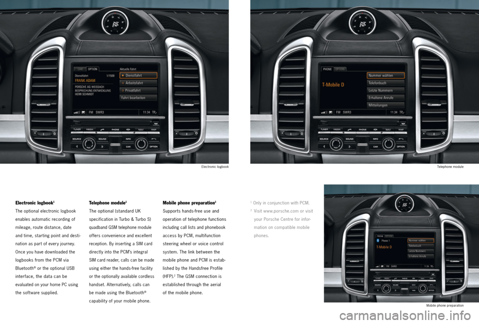 PORSCHE CAYNNE 2013 2.G Tequipment Manual Electronic logbook1
The optional electronic logbook
enables automatic recording of
mileage, route distance, date
and time, starting point and desti -
nation as part of every journey.
Once you hav PORSCHE CAYNNE 2013 2.G Tequipment Manual Electronic logbook1
The optional electronic logbook
enables automatic recording of
mileage, route distance, date
and time, starting point and desti -
nation as part of every journey.
Once you hav