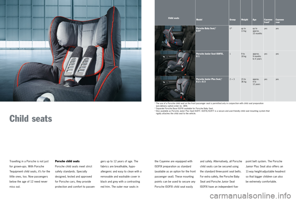 PORSCHE CAYNNE 2013 2.G Tequipment Manual Child seats
gers up to 12 years of age. The
fabrics are breathable, hypo-
allergenic and easy to clean with a
removable and washable cover in
black and grey with a contrasting
red trim. The ou PORSCHE CAYNNE 2013 2.G Tequipment Manual Child seats
gers up to 12 years of age. The
fabrics are breathable, hypo-
allergenic and easy to clean with a
removable and washable cover in
black and grey with a contrasting
red trim. The ou