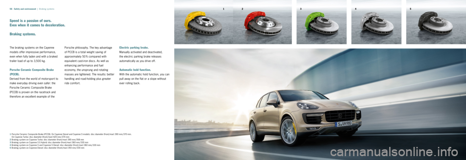 PORSCHE CAYNNE 2014 2.G Information Manual 15
4
3
256 ·
Speed is a passion of ours.   
Even when it comes to deceleration.
Braking systems.
The 	braking 	systems 	on	the 	Cayenne 	
models 	offer 	impressive 	performance, 	
even 	when 	fully	l