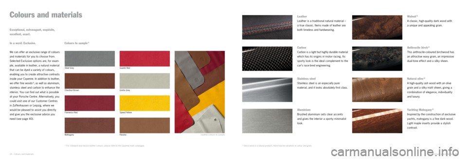 PORSCHE CAYNNE EXCLUSIVE 2012 2.G Information Manual 24 · Colours and materialsColours and materials · 25
Colours and materials
We can offer an exclusive range of colours
and materials for you to choose from.
Selected Exclusive options are, for exam PORSCHE CAYNNE EXCLUSIVE 2012 2.G Information Manual 24 · Colours and materialsColours and materials · 25
Colours and materials
We can offer an exclusive range of colours
and materials for you to choose from.
Selected Exclusive options are, for exam