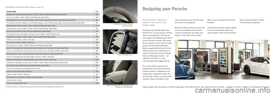 PORSCHE CAYNNE EXCLUSIVE 2012 2.G Interior Information Manual Specification of example vehicle shown on page 13
1415
Exclusive optionI no.
Extended trim package with grab handles in leather. Leather: Giot to Grey/Stitching: Speed Yellow ADF
Sun visors in leather PORSCHE CAYNNE EXCLUSIVE 2012 2.G Interior Information Manual Specification of example vehicle shown on page 13
1415
Exclusive optionI no.
Extended trim package with grab handles in leather. Leather: Giot to Grey/Stitching: Speed Yellow ADF
Sun visors in leather