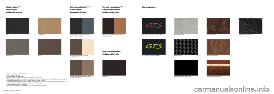 PORSCHE CAYNNE GTS 2012 2.G Information Manual Colors and personalization | 23
22 | Colors and personalization
1) Carpet in loadspace area in darker color.2) Color and grain may var y.3) Also available on steering wheel.4) Only in conjunction PORSCHE CAYNNE GTS 2012 2.G Information Manual Colors and personalization | 23
22 | Colors and personalization
1) Carpet in loadspace area in darker color.2) Color and grain may var y.3) Also available on steering wheel.4) Only in conjunction