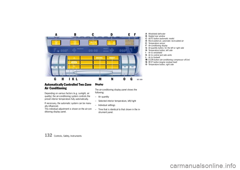 PORSCHE CAYNNE S 2005 1.G Owners Manual 132
Controls, Safety, Instruments
Automatically Controlled Two-Zone
Air ConditioningDepending on various factors (e.g. sunlight, air
quality), the air-conditioning system controls the
preset interi PORSCHE CAYNNE S 2005 1.G Owners Manual 132
Controls, Safety, Instruments
Automatically Controlled Two-Zone
Air ConditioningDepending on various factors (e.g. sunlight, air
quality), the air-conditioning system controls the
preset interi