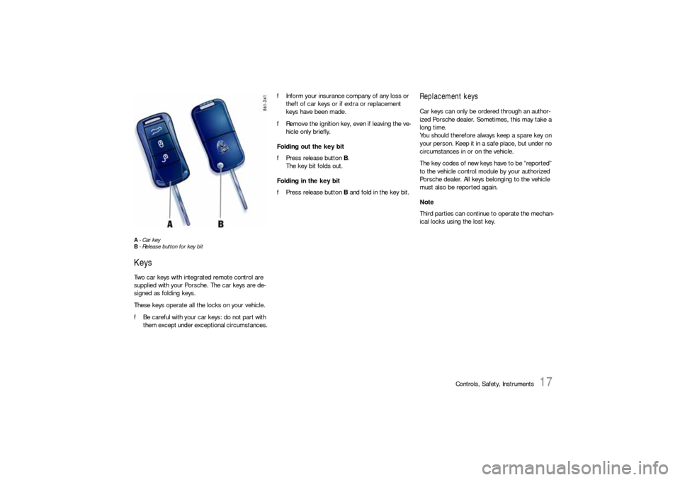 PORSCHE CAYNNE S 2006 1.G User Guide Controls, Safety, Instruments
17
A-Car key
B- Release button for key bitKeysTwo car keys with integrated remote control are
supplied with your Porsche. The car keys are de-
signed as folding keys.
Th PORSCHE CAYNNE S 2006 1.G User Guide Controls, Safety, Instruments
17
A-Car key
B- Release button for key bitKeysTwo car keys with integrated remote control are
supplied with your Porsche. The car keys are de-
signed as folding keys.
Th