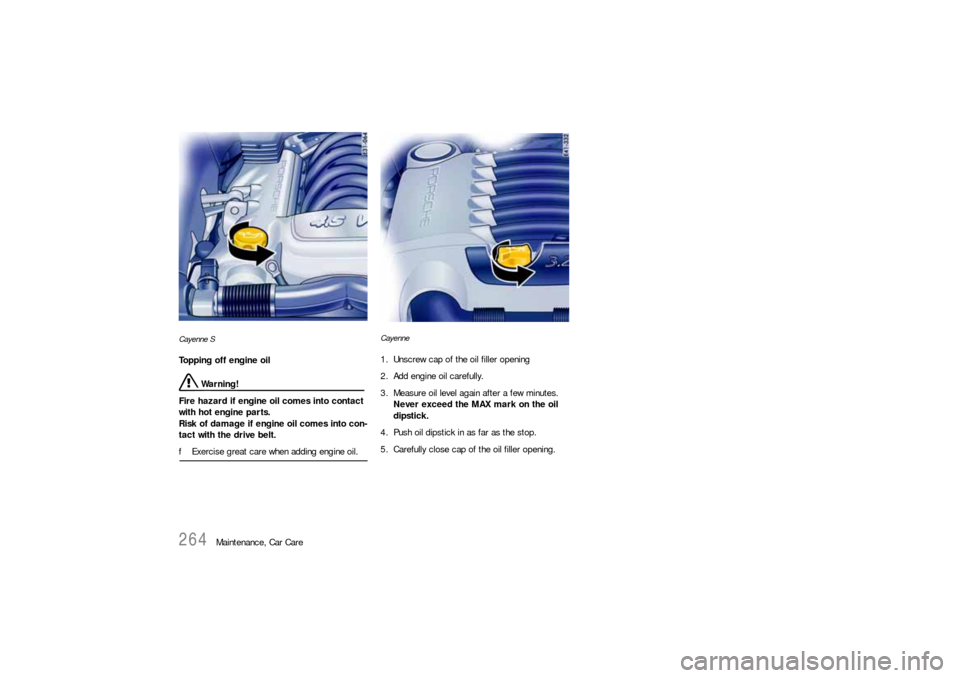 PORSCHE CAYNNE S 2006 1.G Owners Manual 264
Maintenance, Car Care
Cayenne STopping off engine oil
 Warning!
Fire hazard if engine oil comes into contact 
with hot engine parts.
Risk of damage if engine oil comes into con-
tact with the driv