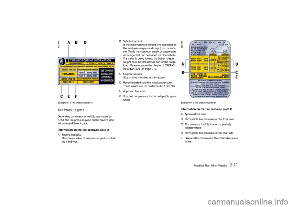 PORSCHE CAYNNE S 2006 1.G Owners Manual Practical Tips, Minor Repairs
301
Example of a tire pressure plate ATire Pressure plateDepending on when your vehicle was manufac-
tured, the tire pressure plate on the drivers door 
will contain dif