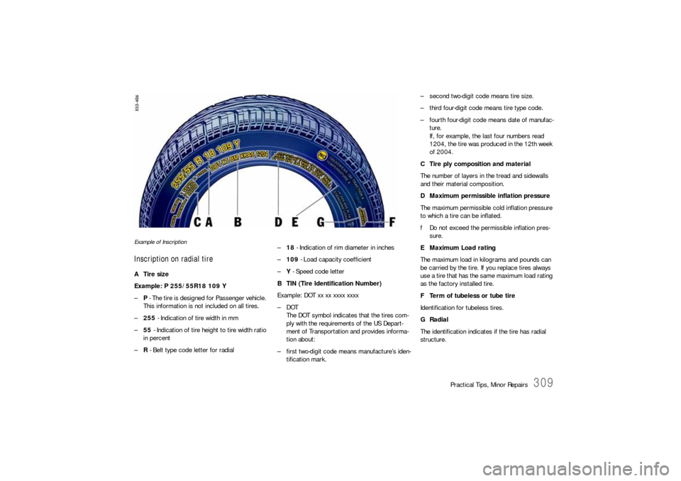PORSCHE CAYNNE S 2006 1.G Owners Manual Practical Tips, Minor Repairs
309
Example of InscriptionInscription on radial tireATire size
Example: P 255/55R18 109 Y
–P - The tire is designed for Passenger vehicle. 
This information is not incl