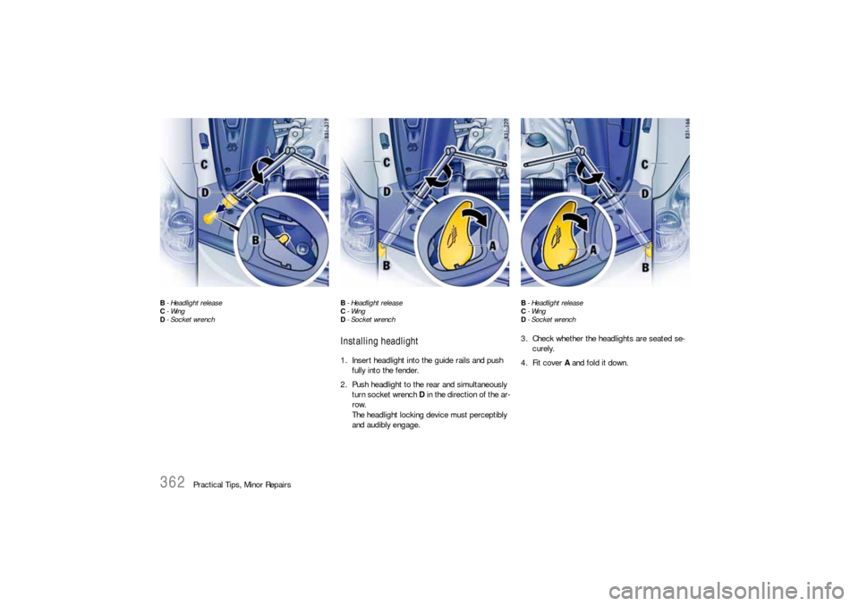 PORSCHE CAYNNE S 2006 1.G Owners Manual 362
Practical Tips, Minor Repairs
B- Headlight release
C-Wing
D- Socket wrenchB- Headlight release
C-Wing
D-Socket wrench
Installing headlight1. Insert headlight into the guide rails and push 
fully i
